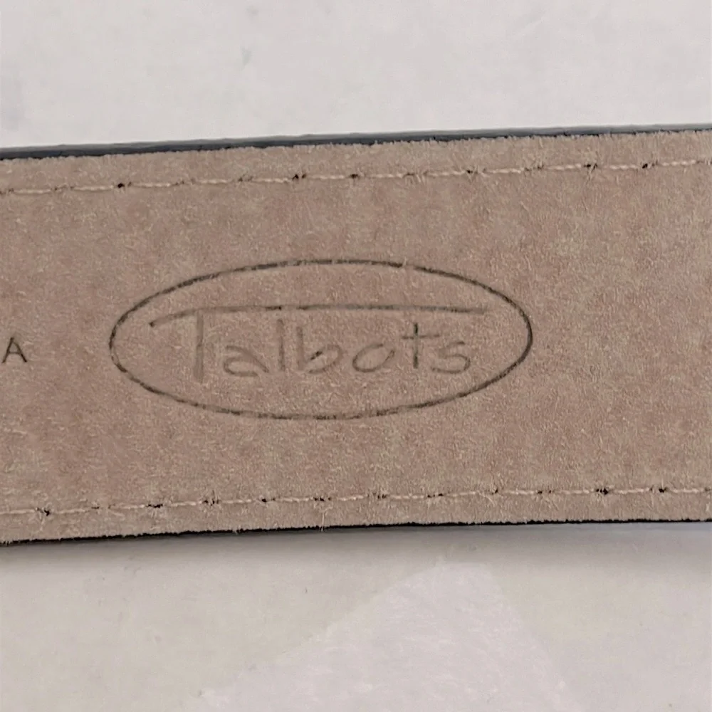 Talbots black leather belt with a circular buckle adorned with gemstones large